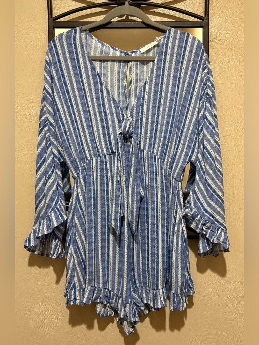 Lush Blue & White Striped Tie-Front Romper Size M